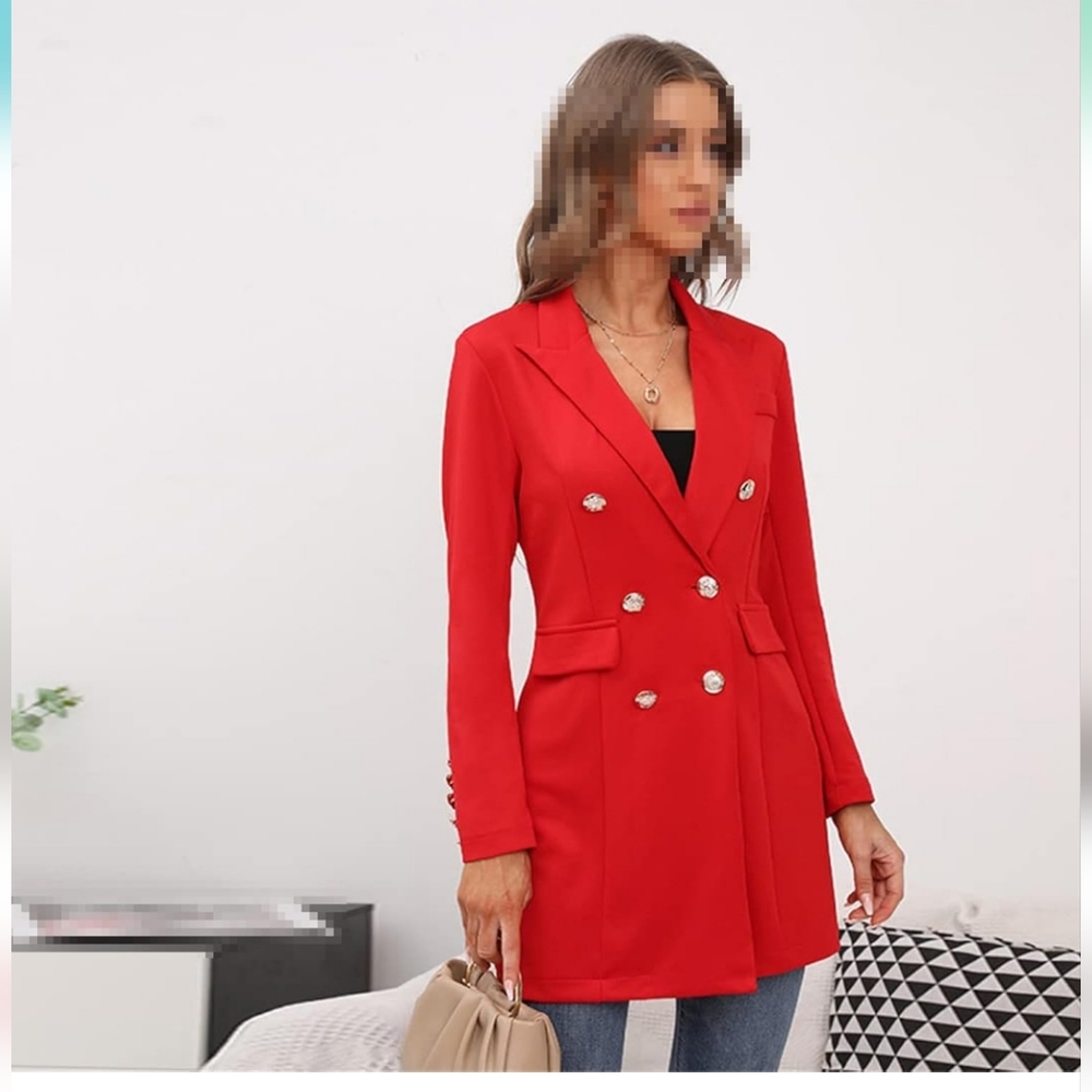 Double Breasted Mini Blazer Red Dress Long Elegant Suit Jacket With Gold Buttons
